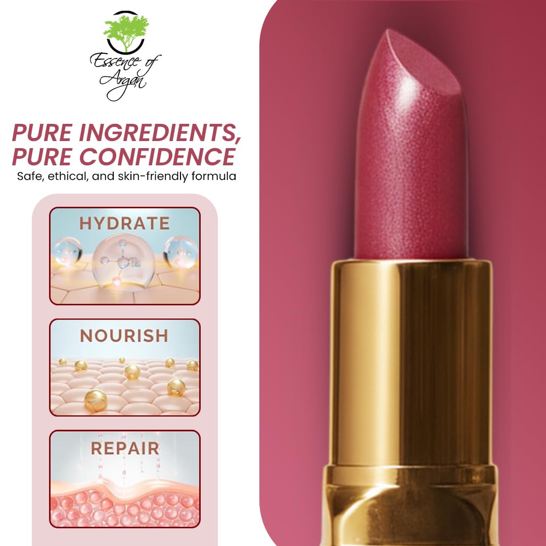Essence Of Argan Precious Pink Lip Stick for Cracked and Dry Lips -100% Organic Shea Butter, Argan,Jojoba & Grapeseed Oil - Hydrating Long Lasting Lipstick - Deep Moisturizing Pink LipStick for Women