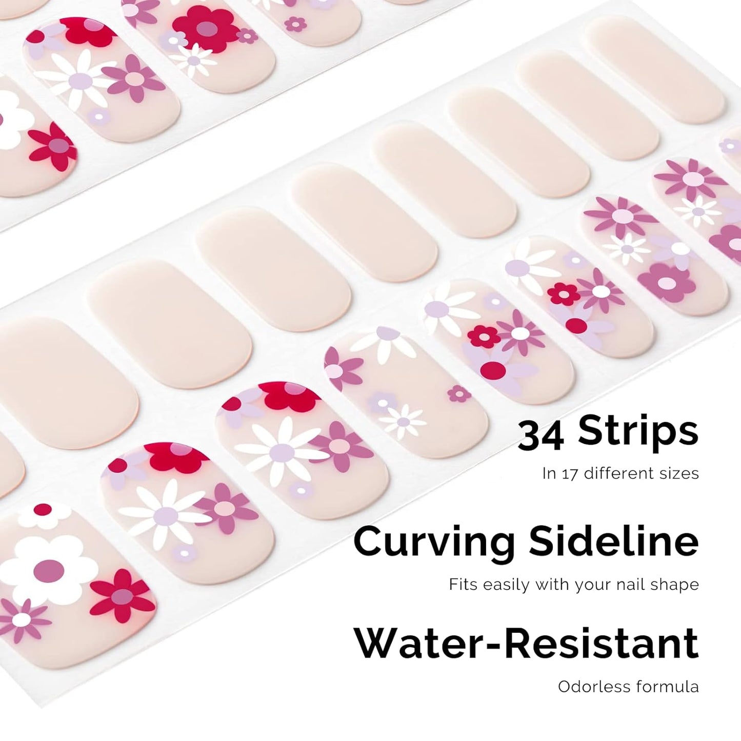 Nailog Semi Cured Gel Nail Strips 34 pcs | Long Lasting Nail Polish Sticker Wraps with Glossy Gel Finish (Florid)