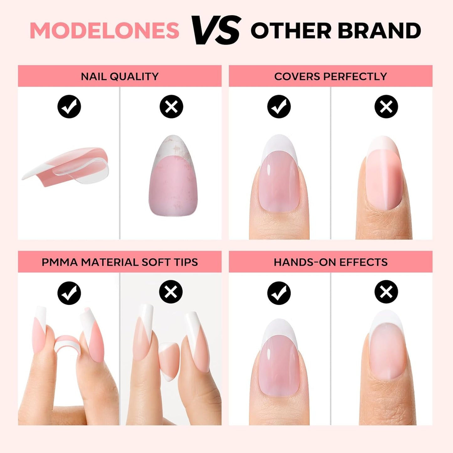 modelones French Tip Press on Nails, 150Pcs M-Almond Fake Nails with Nail Box, Pink & White Gel Nail Tips for Women, Soft Glue-On Nails for Natural Salon Look, DIY Nail Art Kit (15 Sizes)