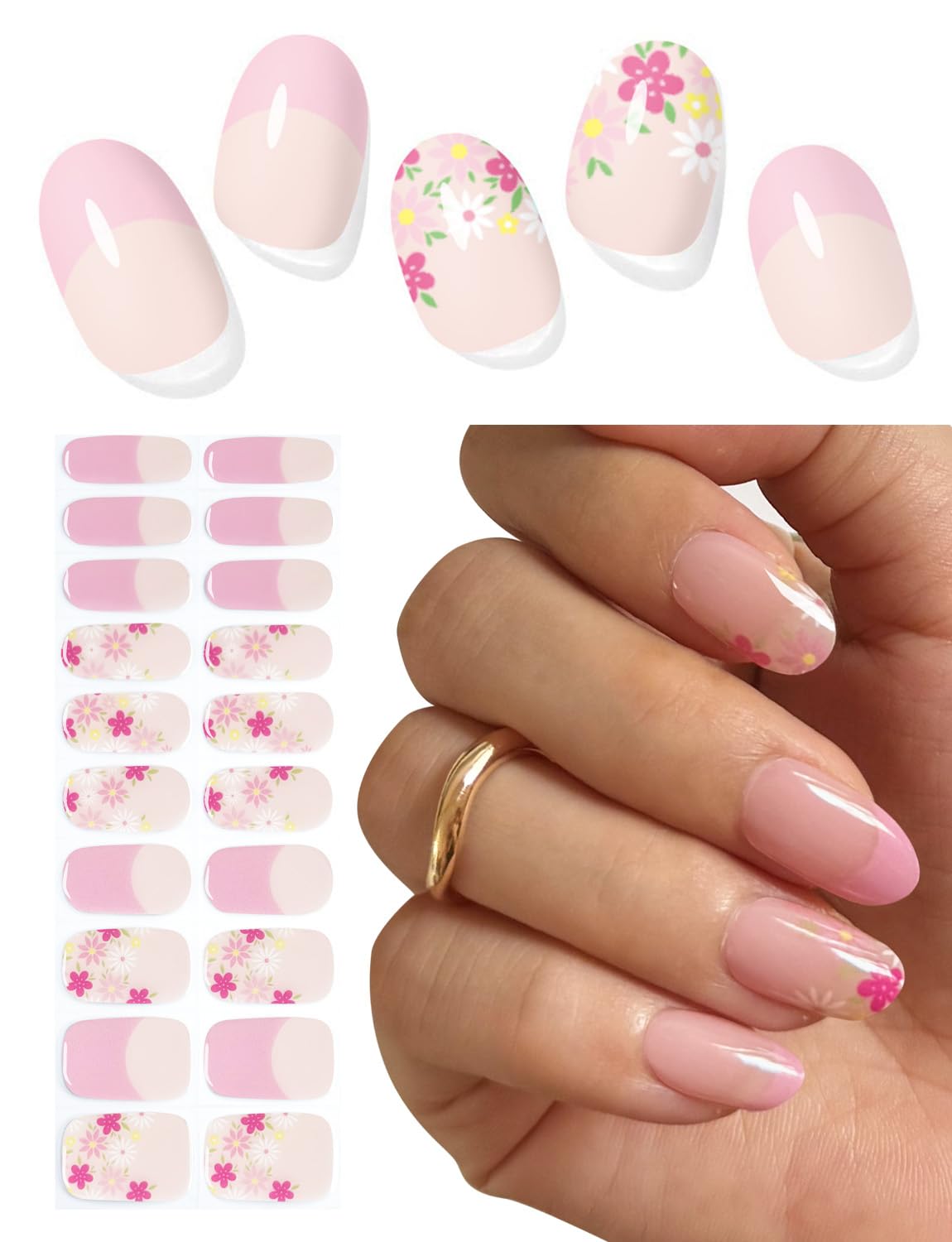 Semi Cured Gel Nail Strips, 20pcs French Flower, Pink Gel Nail Stickers UV for Home Nails DIY