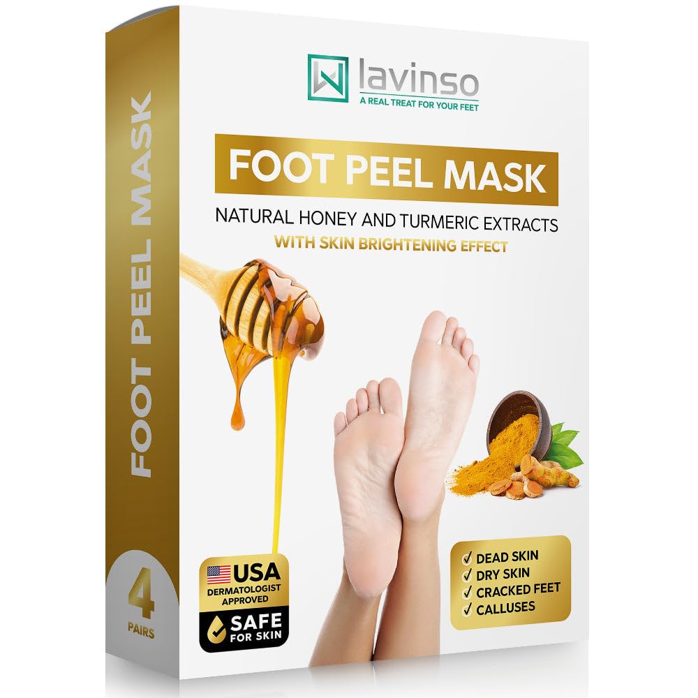 Lavinso Honey Feet Peeling Mask for Dry Cracked Feet - 4 Pack - with Kojic Acid Skin Brightening Effect - Exfoliating Dead Skin and Calluses - Foot Peel Mask for Baby Soft Feet