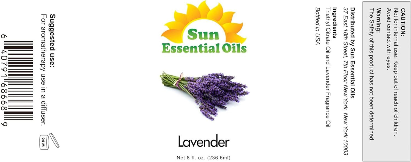 Sun Essential Oil - Lavender Essential Oil 8 oz (236 ml) with Dropper for Diffuser, Humidifier, Skin, Aromatherapy Massage, Scented for Soap & Candle Making at Home, Calming Aroma for Sleep