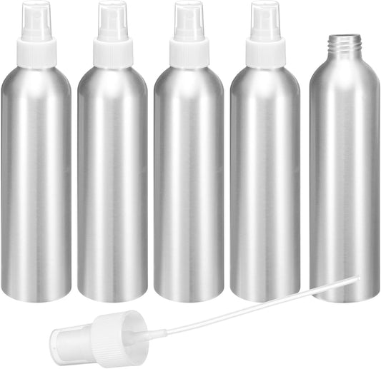 HARFINGTON 5pcs Aluminum Fine Mist Spray Bottles 250ml/8.5oz Metal Small Liquid Alcohol Refillable Travel Container with White Plastic Nozzle Cap for Perfume Skincare Cosmetic Storage Bottle