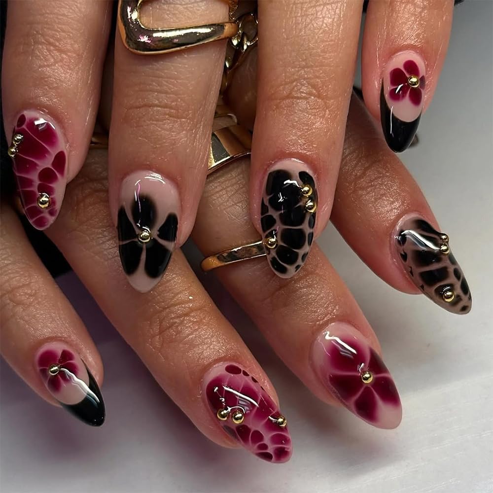 French Press On Nails Short Almond Shape, Summer Fall Fake Nails Adorned with Black and Burgundy Petal Accents, 3D Design, Glossy Gel Finish Acrylic Nails, Natural Reusable Glue On Nails for Women