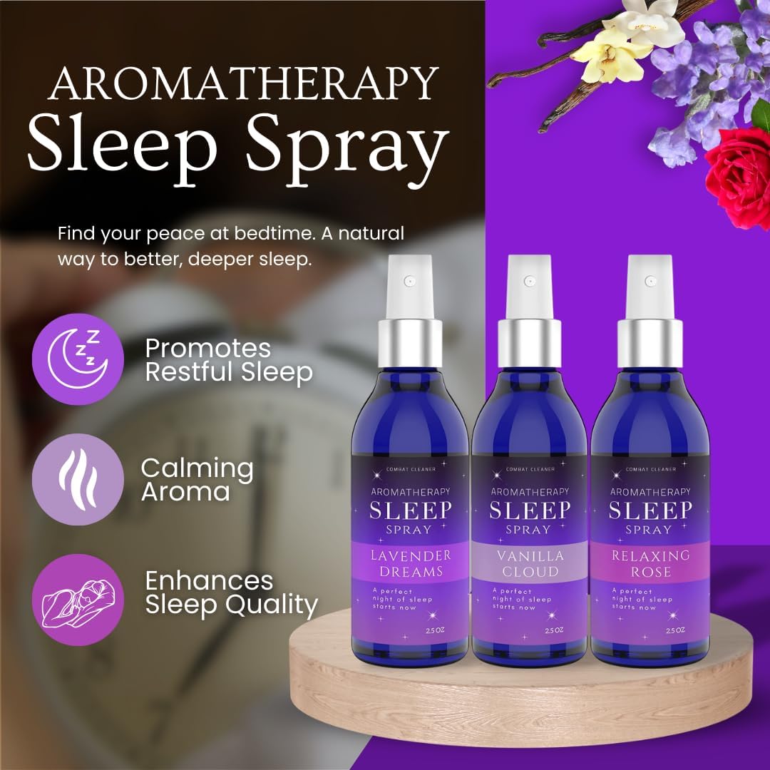 Pillow Sleep Spray Mist for Deep Sleep | Help Stress & Anxiety Relief Aid | (Pack of 3) Calming Lavender, Vanilla, Rose Mist | by Combat Cleaner