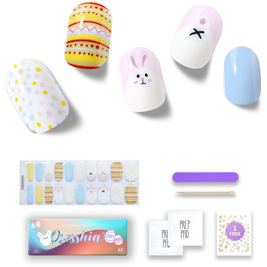 Semi Cured Gel Nail Strips, 20 pcs Nail Wraps, Glaze Stickers, Salon Quality French Manicure, Full Decal Gel Polish Strips, Long Lasting SCG, Easy on, UV Required (Easter Bunny)