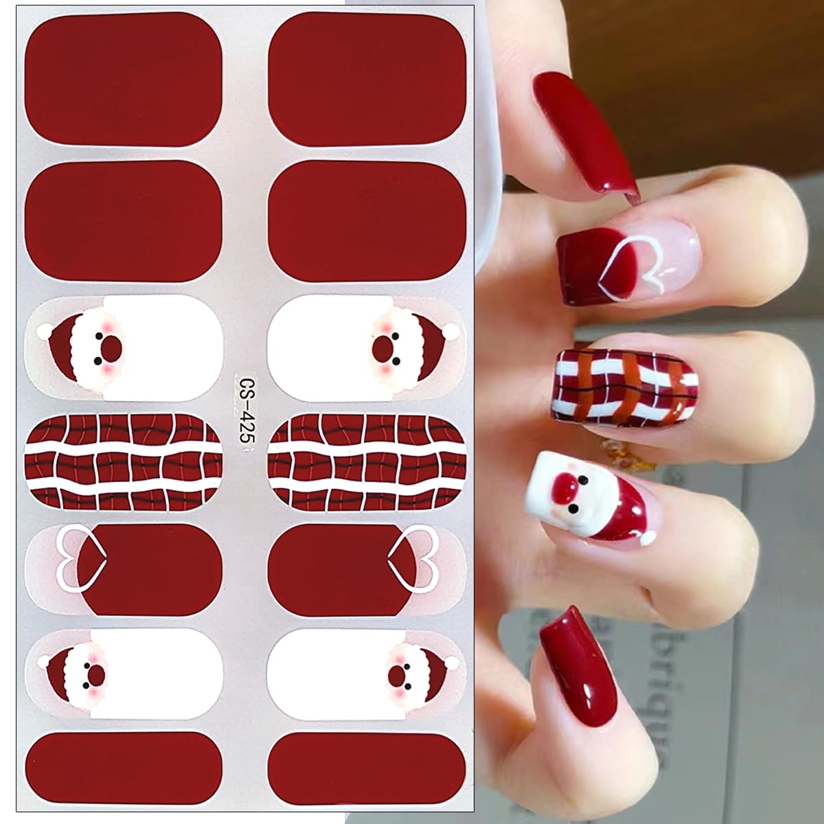 Christmas Gel Nail Strips Stickers Santa Claus Gel Nail Stickers Cute Reindeer Gold Glitter Xmas Trees Design Christmas Full Wrap Winter Gel Nail Decals for Women DIY New Year French Manicure 4Sheets