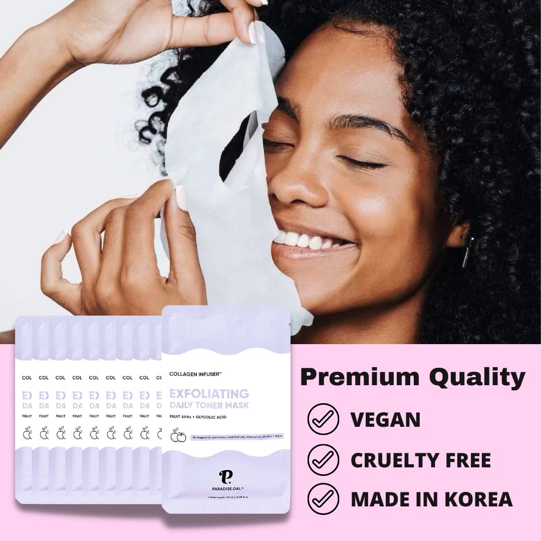 Exfoliating Face Masks (10-Pack) Korean Skincare Infused with Exfoliating Collagen, AHA, Glycolic Acid, BHA, Niacinamide & Ceramide - Revitalizing Solution for Smooth, Radiant Skin