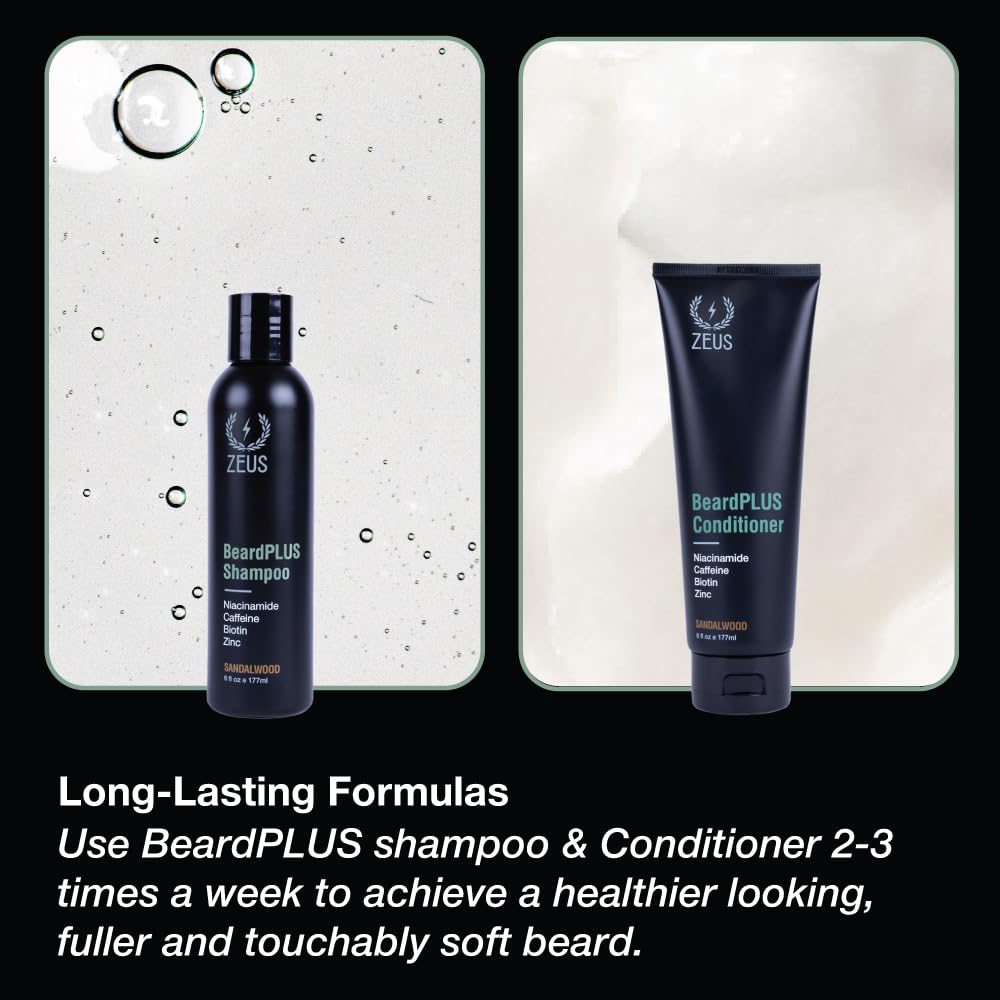 ZEUS BeardPlus Beard Shampoo & Conditioner Set for Men, Beard Growth Treatment for Hydration, Softness & Thickness with Biotin & Caffeine (Made in USA) Combo Set