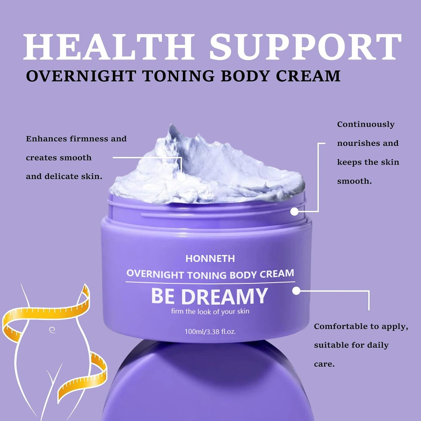 Honneth BE-DREAMY Overnight Toning Whip Body Firming Cream for Legs, Stomach, Arms, with Milk Thistle & Passion Fruit Seed Oil, Targets Loose Skin, 3.38 oz
