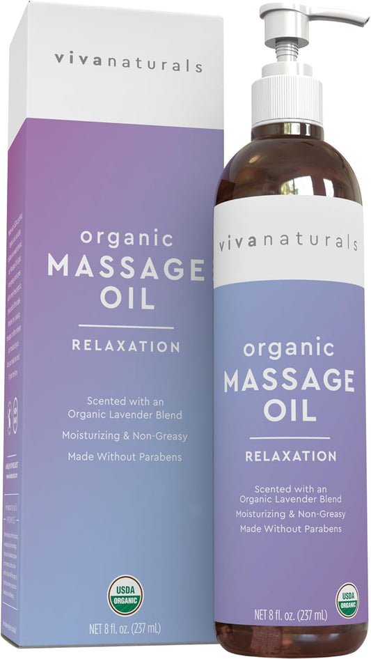 Viva Naturals Organic Massage Oil (8 fl. oz.) - Lavender Scented Non-Greasy Body Massage Oil with Mess-Free Pump, Moisturizing Massage Oils for Massage Therapy, Non-GMO and Certified Organic, 237 mL