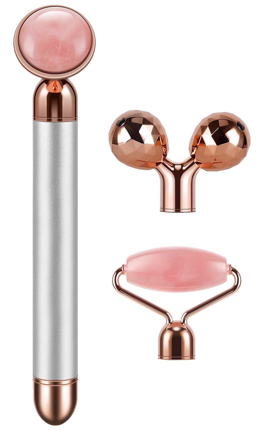 DANGSHAN 3-in-1 Electric Jade Roller 3D Roller Facial Roller & Face Massager, Rose Quartz