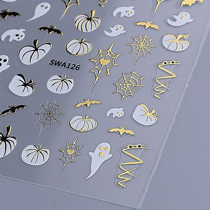 6 Sheets Fall Nail Stickers for Nail Art Halloween Pumpkin Maple Leaf Nail Stickers 3D Self-Adhesive Gold Black Maple Leaf Heart Nail Decals Autumn Maple Leaves Nails Design Leaf Sticker for Women