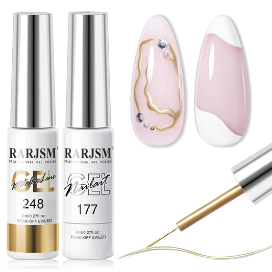 RARJSM Nail Art Gel Liner Metallic Bronze Gold and White 2pcs Set Mirror Chrome 3D Effect Gel Nail Polish 8ml Build in Thin Brush Swirl Drawing Stripper Gelpolish Curing Requires for Home Salon