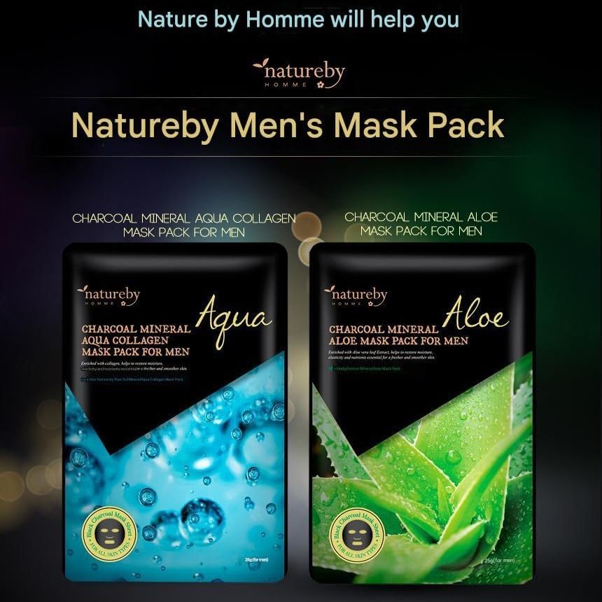 Charcoal Mineral Mask Pack for Men, Korean Skincare Face Wrinkle Treatmen Mask Sheets, Men's Skin Care Sets, Travel Essentials & Gift Sets for Men (Aloe Soothing, Pack of 10pcs)
