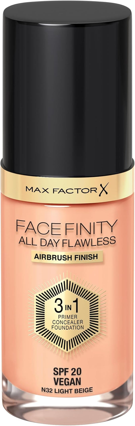 Max Factor Facefinity 3-in-1 All Day Flawless Liquid Foundation, SPF 20-32 Light Beige, 30 ml