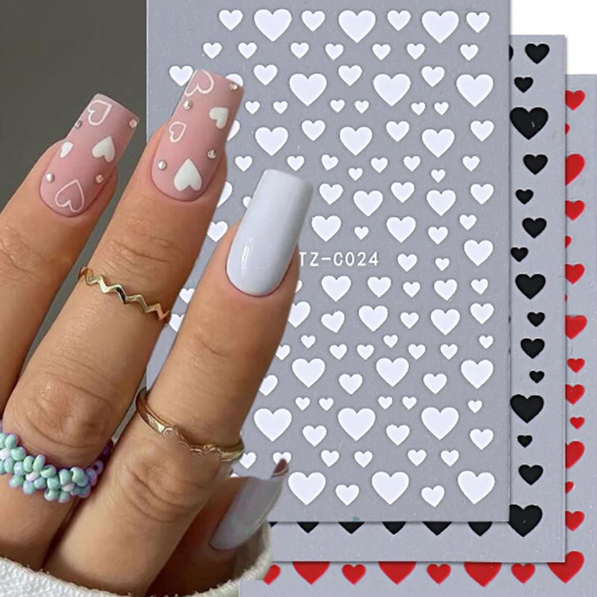 Valentines Nails Art Stickers 6 Sheets Heart Nail Stickers 3D Self Adhesive Valentines Nails Decals Red Black White Heart Designs Stickers Nail Supplies Decoration for Women Girls Acrylic Nail DIY