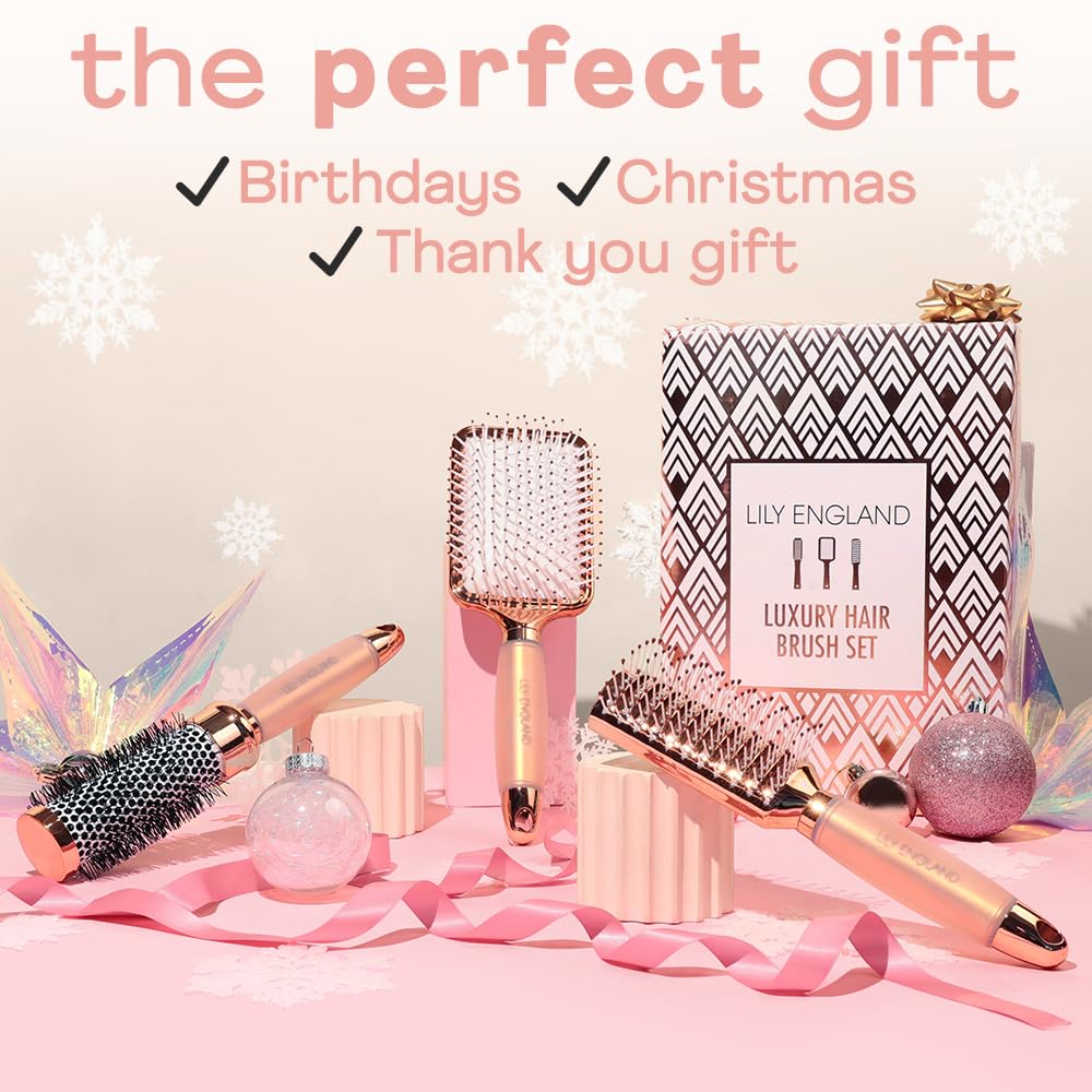 Rose Gold Hair Brush Set with Detangler and Swirl Print Heatless Curling Kit – Complete Hair Care Bundle for Smooth Styling and Effortless Heat-Free Curls