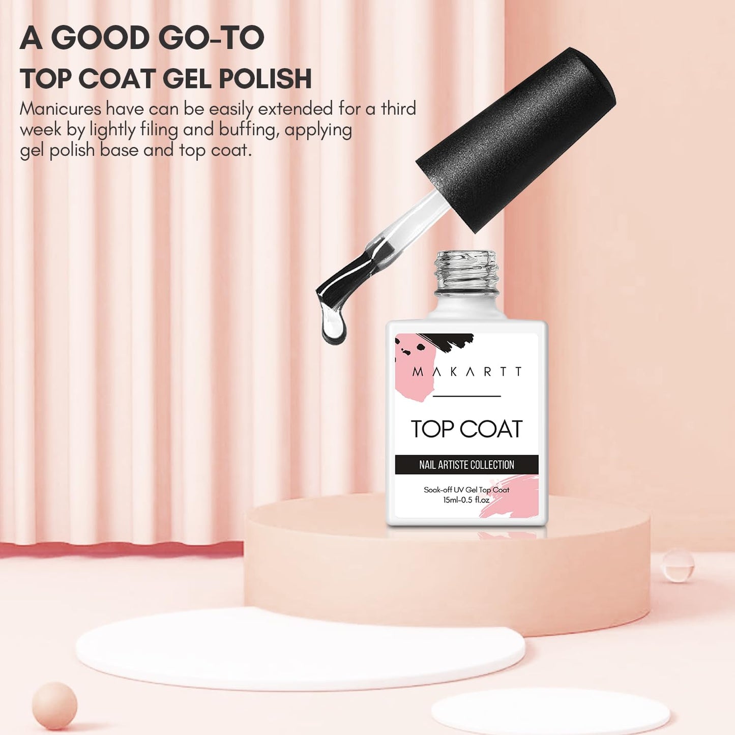 Makartt Gel Top Coat No Wipe, 15ML Clear Top Coat Gel Nail Polish, High Gloss Shine Finish Long Lasting Soak Off UV Nail Lamp Need for Acrylic Nails, Salon Quality Home DIY Manicure