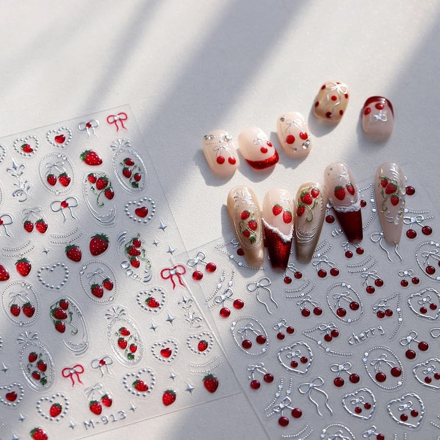 1Sheet Cherry Nail Stickers Summer Nail Decals 5D Embossed Bow Cherry Hot Stamped Gold Bow Heart Shape Star Jelly Design Summer Nails Supplies Pearl Chain Exquisite Nail Decor for Women DIY Manicure