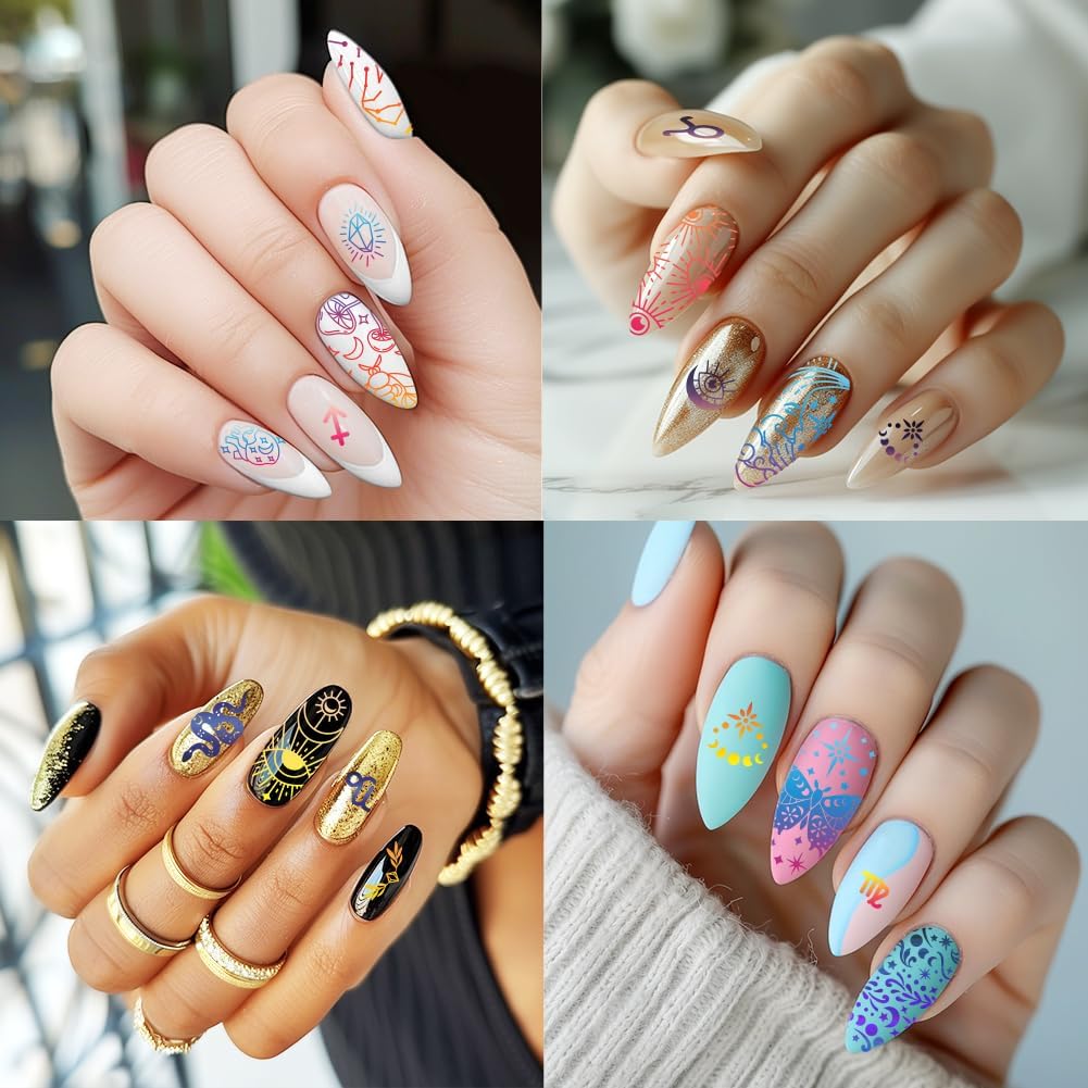 3Pcs Constellation Nail Stamping Plate Set Zodiac Tarot Nail Stamp Templates Sun Moon Stars Stainless Steel DIY Reusable Tools with Stamper Scraper for Manicure Printing