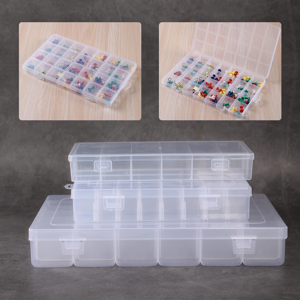 2Pcs Clear Visible Plastic Storage Box- Rectangular Storage Box, Suitable For Beads, Screws Hardware Accessories Organizer Box Art DIY, Crafts, Jewelry, Fishing Tackle, With Label Stickers (24Grids )