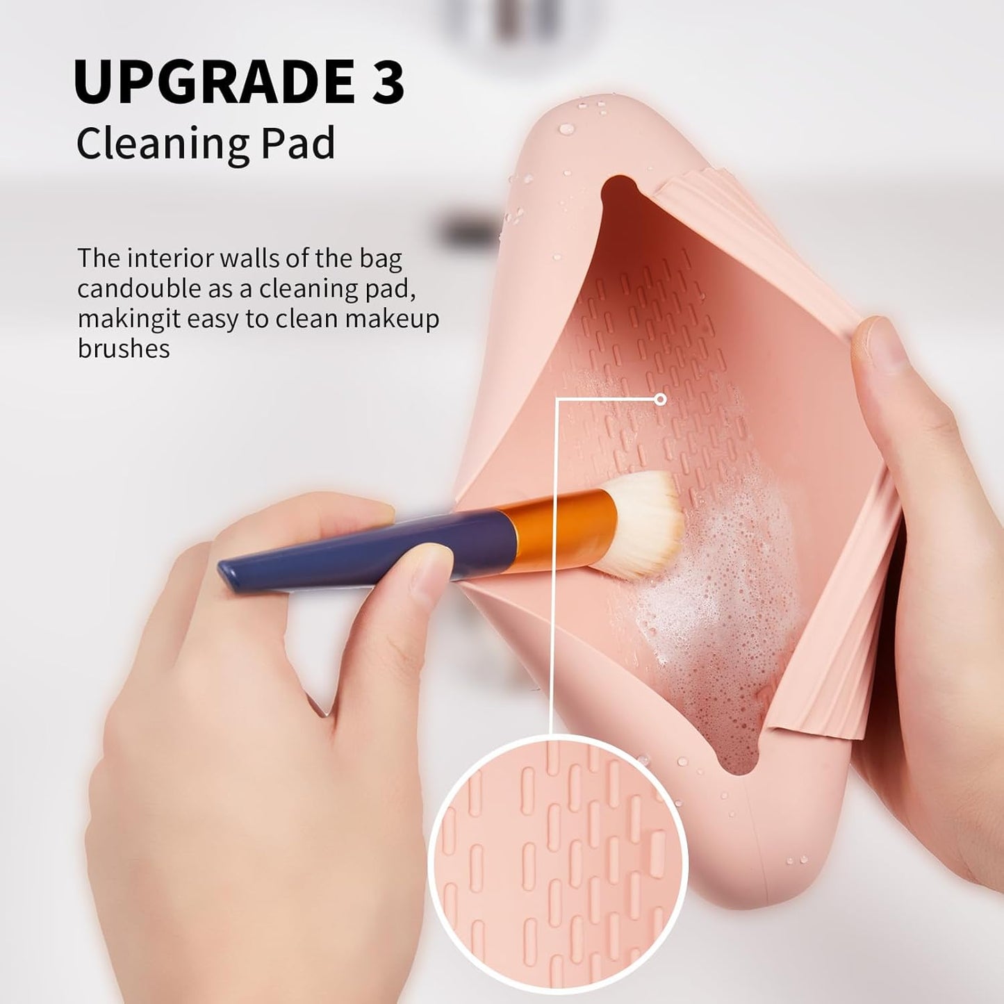 Silicone Makeup Brush Holder Travel Cosmetic Bag：Soft Portable Cosmetic Face Brushes Holder with Upgrade Anti-Fall Out Magnetic Closure, Large Travel Makeup Brush Case - Pink Sand