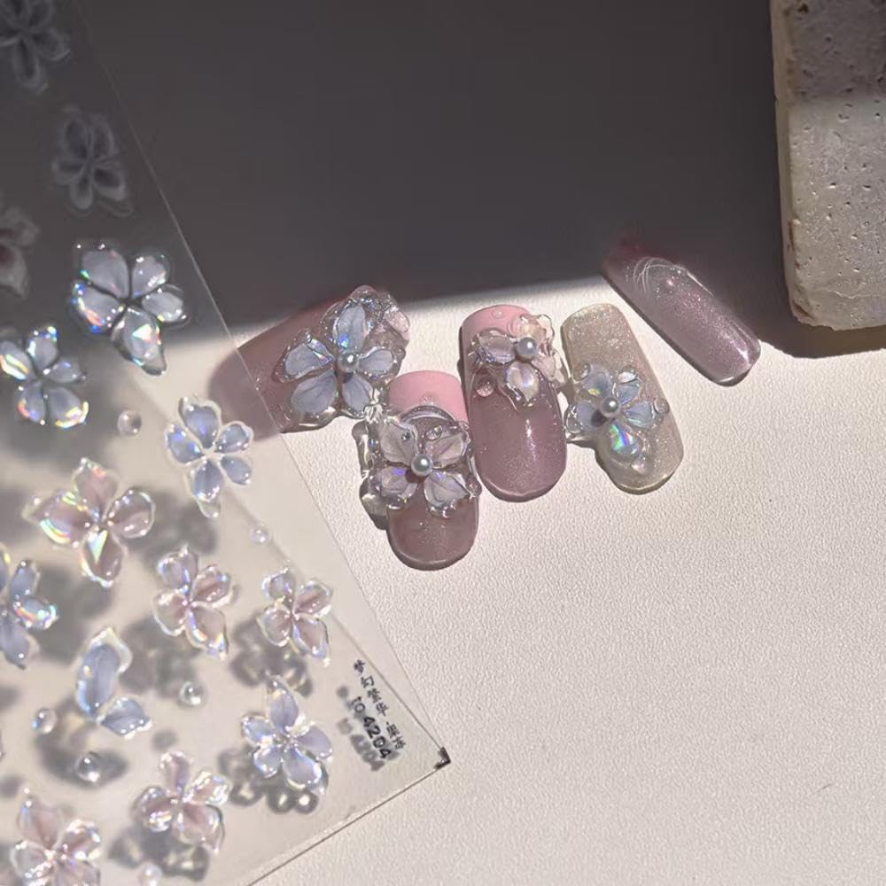 5D Embossed Flower Nail Stickers for Nail Art Quatrefoil Nail Art Stickers Spring Nail Decals Self Adhesive wiyh Design Nail Charm for Women Manicure Supplies Accessories