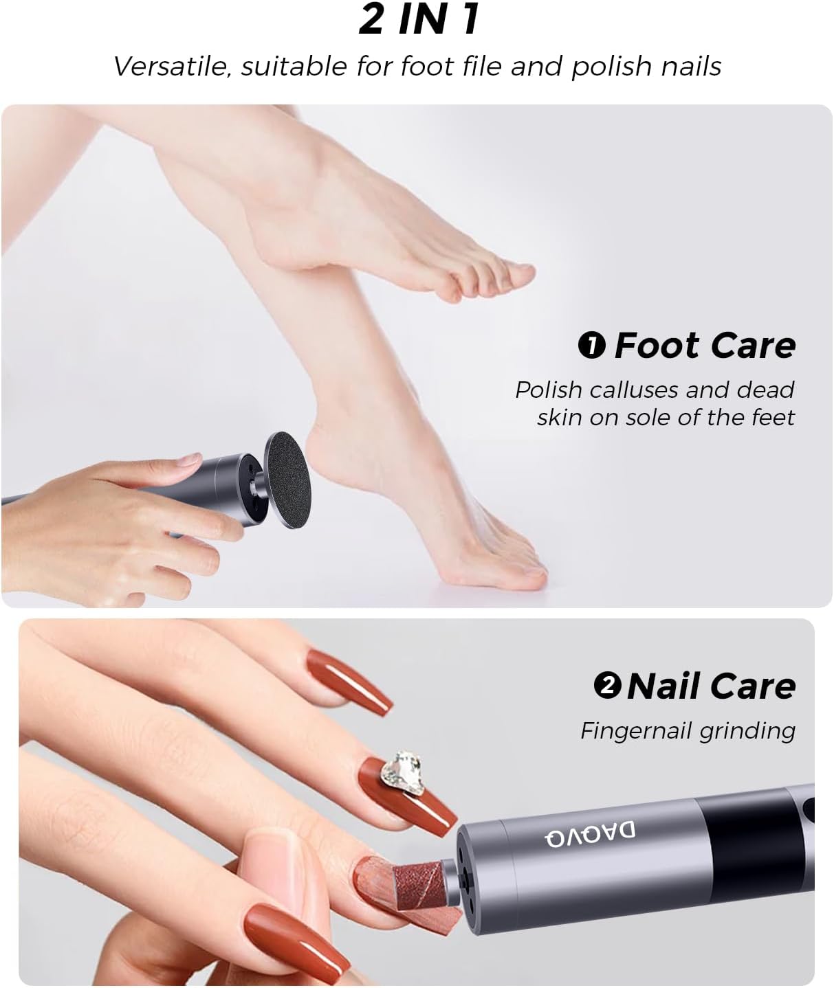 Electric Foot Callus Remover with Nano-Glass Head & 60pcs Sandpaper Discs(3 Sizes),2 in 1 Cordless Aluminum Callus Remover for Feet and Nail Care,Adjustable Speed Pedicure Tools for Dead Skin-Grey