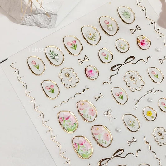 5D Embossed Flower Retro Mirror Nail Stickers Irregular Geometric Frames Nail Stickers Vintage Gold Hollow Designs Nail Decals Self-adhsive Nail Decals for Women DIY Manicure Decorations 1Sheet