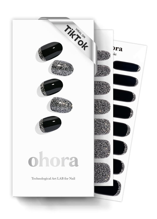 ohora Semi Cured Gel Nail Strips (N Party Night) - Dark, Glitter, Works with Any UV/LED Lamps, Salon-Quality, Long Lasting, Easy to Apply & Remove - Includes 2 Prep Pads, Nail File & Wooden Stick