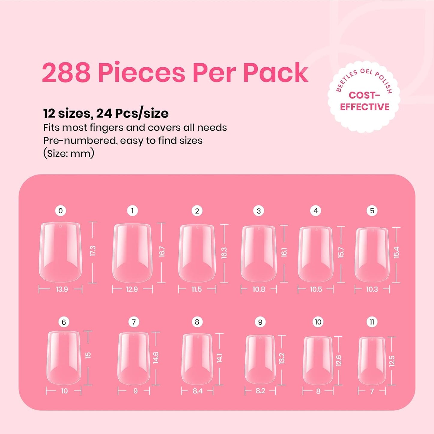 Beetles Gel Nail Tips XS Short Square Nail Tips, 12 Sizes 288 PCS Pre-Shaped Clear Full Cover False Nails Clear Acrylic Nails Glue on Nails for Girls Women Nail Art Design,Nail Glue Needed