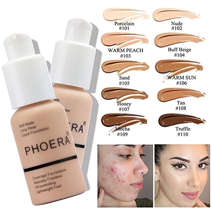 PHOERA Foundation 102 and 104 & Face Primer,Liquid Full Coverage Foundation Set,Foundation Brush Powder Brush,5 Makeup Sponge,30ml PHOERA 24HR Matte Oil Control Concealer (102 Nude + 104 Buff Beige)
