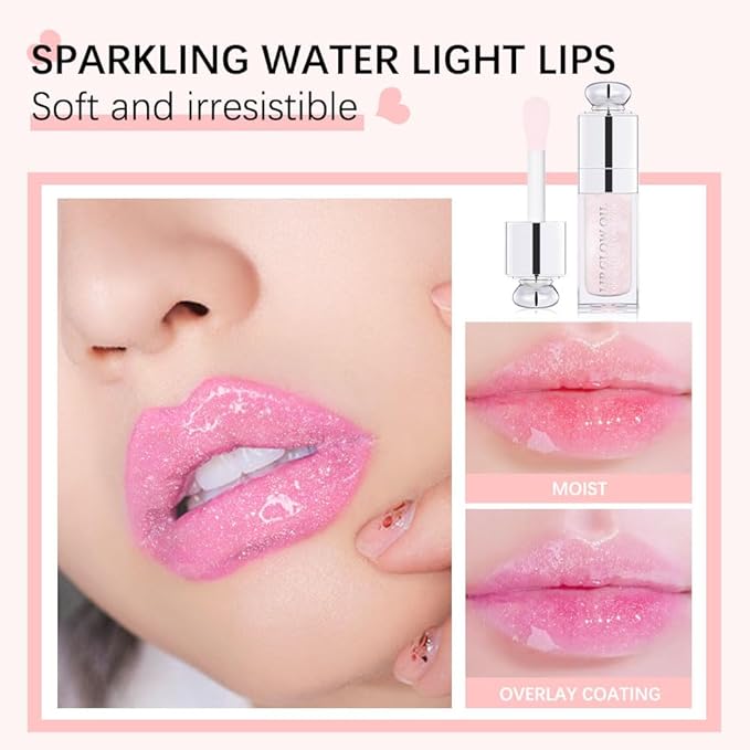 Moisturizing Lip Oil,No-Sticky Gloss Balm Care,Fruit Flavoured Oil for Dry Lip's Hydrating and Nourishing (002#Clear to Pink) 0.2 OZ