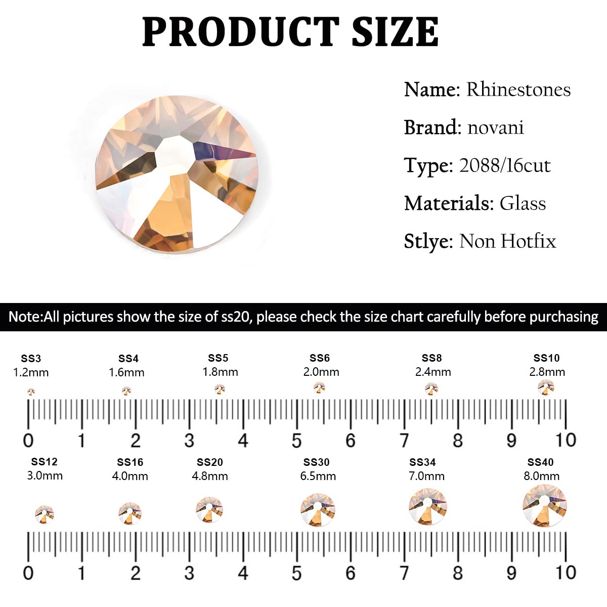 Novani Golden Shadow Rhinestones 1440pcs Flat Back Round Rhinestone Style 2088 Sparkly Crystal Gemstones for Nail Art and Crafting SS8,2.3-2.5mm