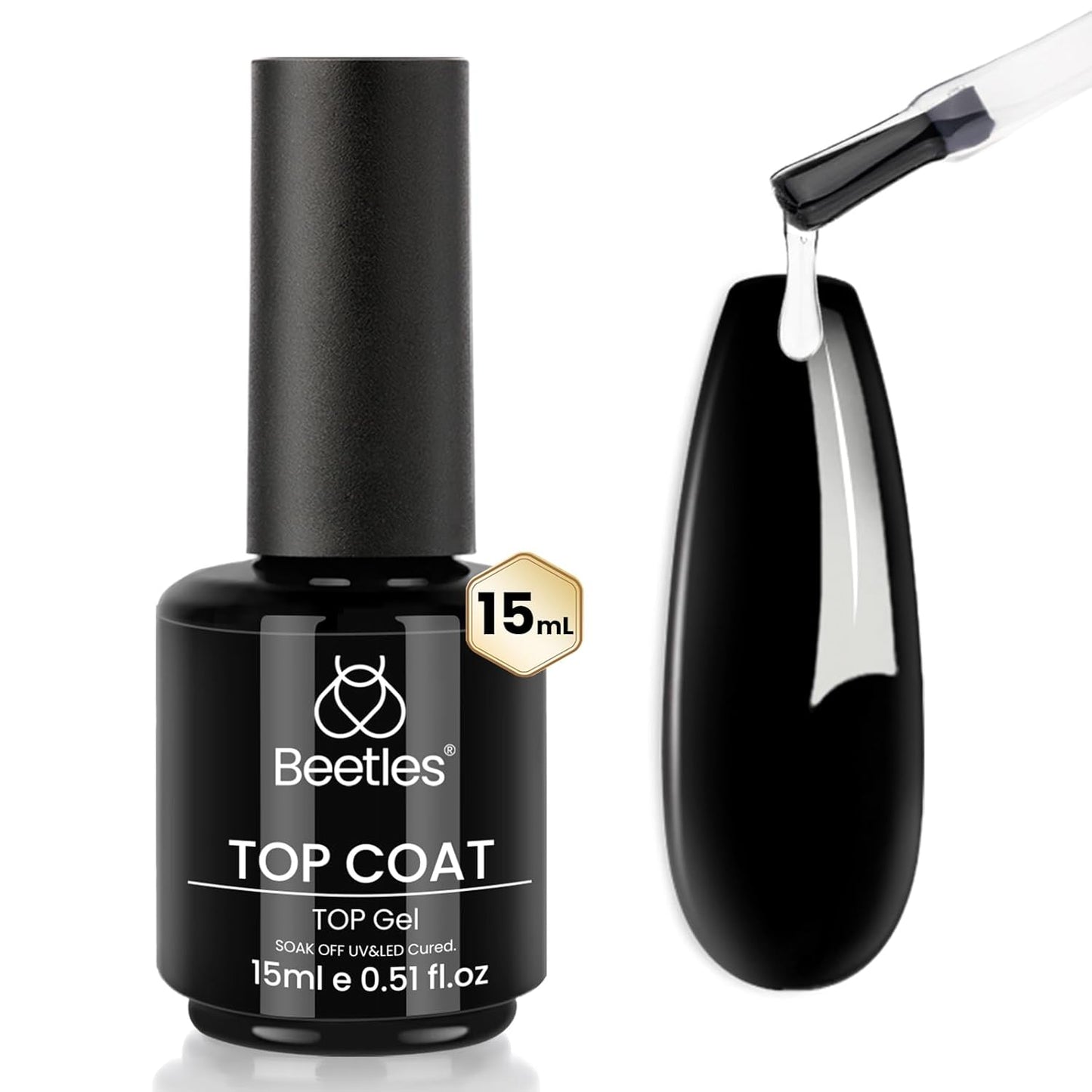Beetles Gel Top Coat - 15ml No Wipe Top Coat High Gloss Shiny and Long-Lasting Soak Off LED Nail Lamp for Gel Polish