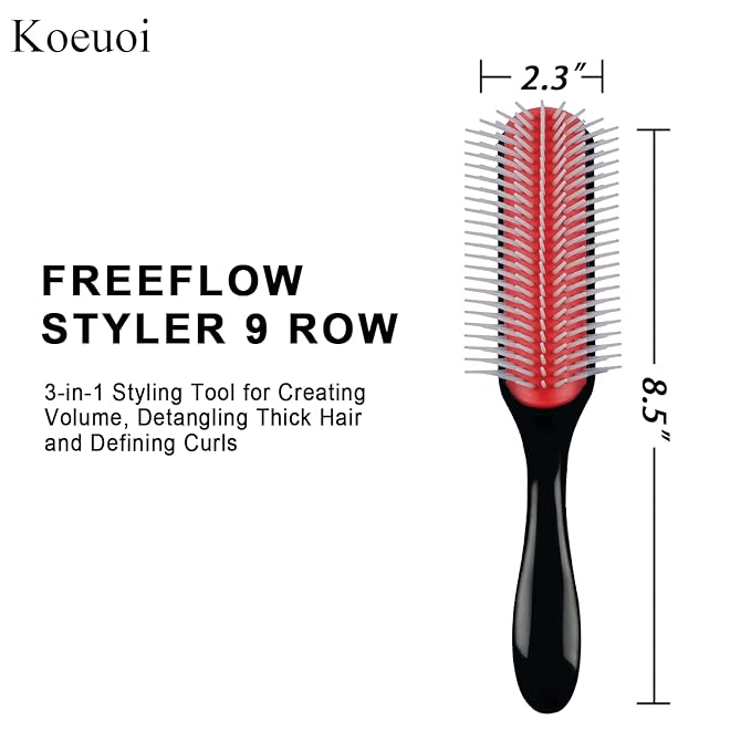 Classic Styling Curly Hair Brush. 9 Row Black Brush for Detangling, Separating, Shaping. For Women and Men Wet or Dry Hair.