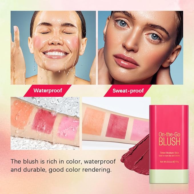 Soft Creamy Blush Stick,On-the-Go Blush,2-in-1 Cheek and Lip Tint,Waterproof Hydrating Solid Natural Moisture Smooth Blendable Matte Finish Face Blush Makeup,02 hot red