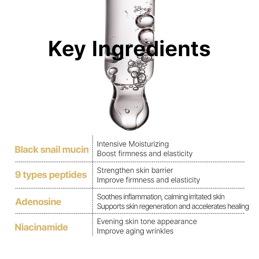 Farmstay Black Snail & Peptide9 Perfect Ampoule, Korean Snail Mucin Serum for Elastic & Glow Skin, Boosting Radiance & Repairing Skin Barrier Serum, for Women & Men, Korean Skin Care, 1.18 Fl. Oz.