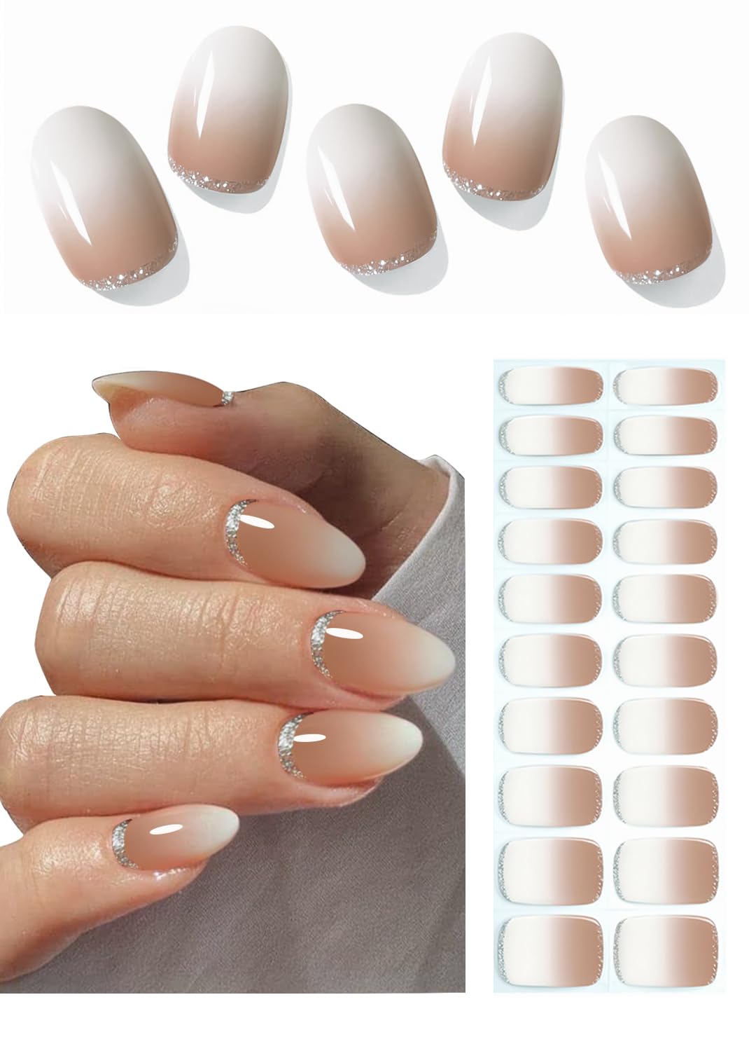 Semi Cured Gel Nail Strips, 20pcs Brown Ombre, Glitter Gel Nail Stickers UV for Home Nails DIY