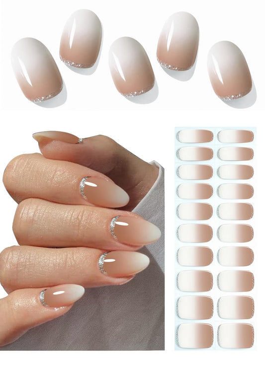 Semi Cured Gel Nail Strips, 20pcs Brown Ombre, Glitter Gel Nail Stickers UV for Home Nails DIY