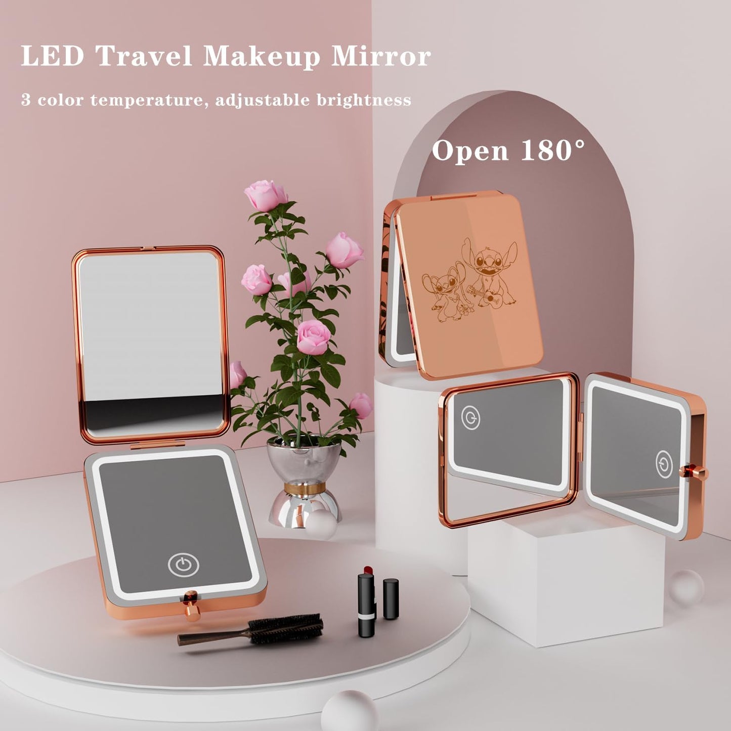 Vanity Mirror with Lights, 3X Magnifying LED Compact Travel Mirrors for Pocket,Purse, Double-Sided Foldable Handheld,Makeup Mirror with Lights, Gifts for Women, Stitch Accessory