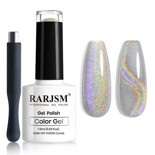 RARJSM Cat Eye Gel Nail Polish, Gel Polish Galaxy Rainbow Effect Universal Silver Holographic Glitter with Magnet Soak Off U V L E D DIY Manicure Art for Salon Designs and Home DIY 7.5ML/0.26fl oz