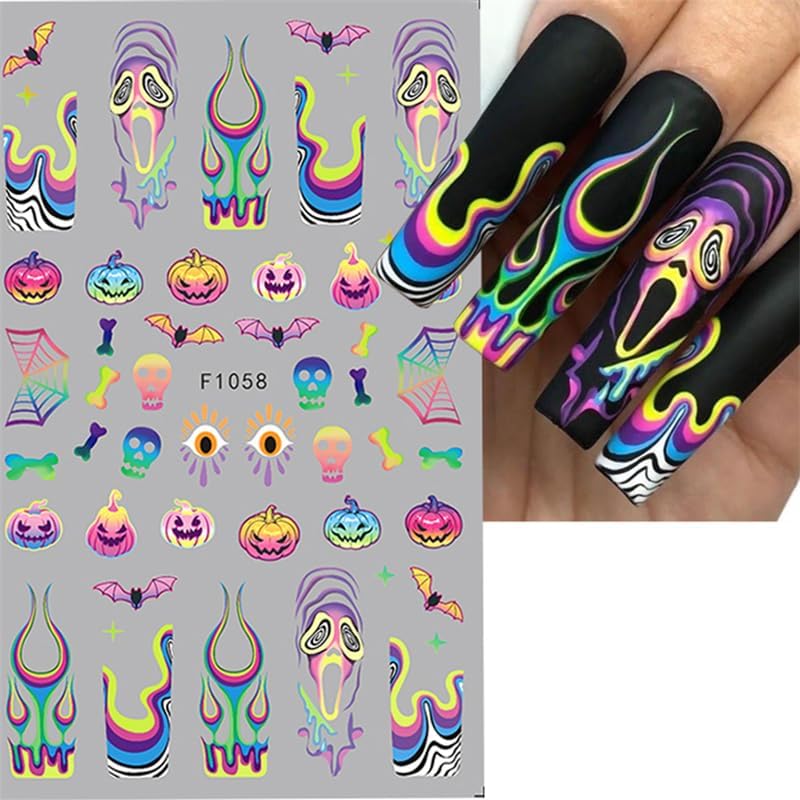 8 Sheets Halloween Nail Stickers Decals Horror Halloween Self Adhesive Nail Design Stickers Ghost Skull Black Cat Spider Web Nail Art Stickers for Women Girls DIY Manicure Nail Decoration