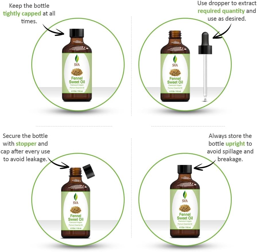 SVA Sweet Fennel Essential Oil – 4 Fl Oz – 100% Natural Fennel Oil - for Diffuser, Hair Care, Face, Skin Care, Aromatherapy, Scalp and Body Massage, Soap and Candle Making – with Dropper