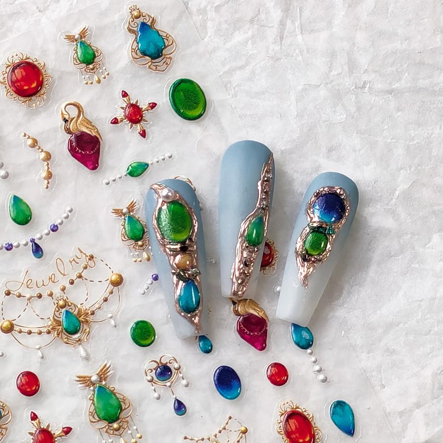 5D Embossed Nail Art Stickers Self-Adhesive Nail Stickers for Nail Art Luxury Bohemia Jewelry Nail Art Decals for Women Nail Supplies Accessories (1, Jewelry)