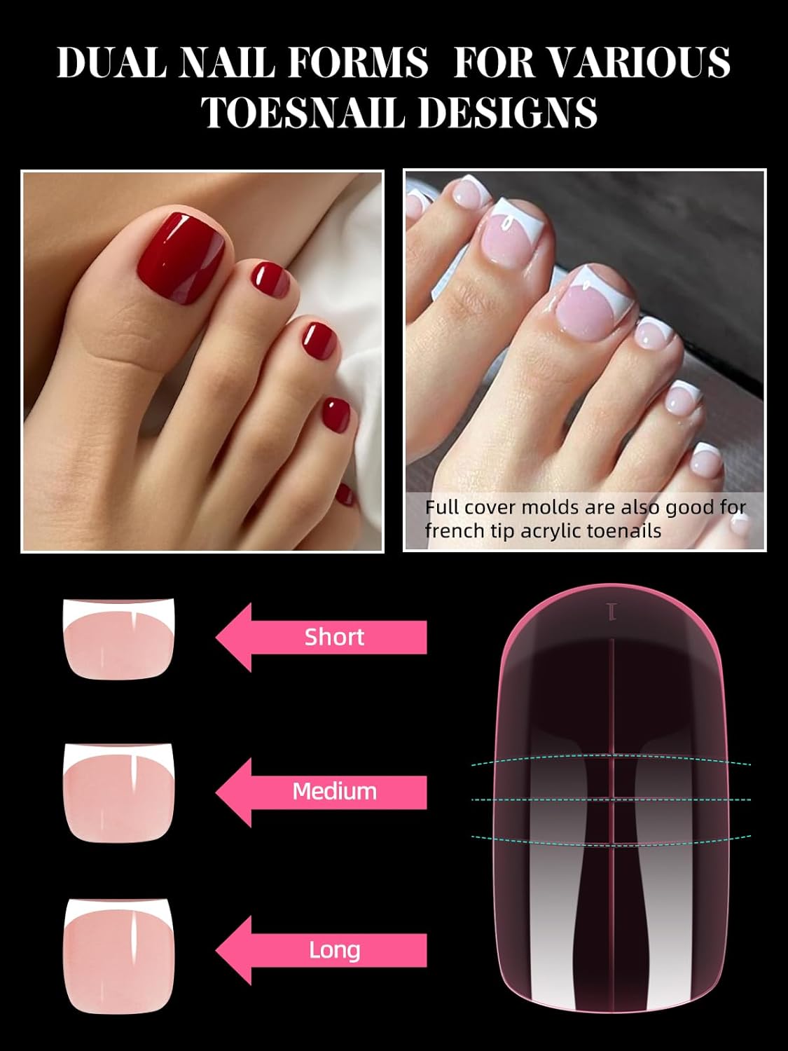 TOROKOM Toe Nail Forms for Poly Extension Gel, 300 Pcs Pink Toenail Dual Forms Reusable Full Cover Molds for Poly Gel French Tip Acrylic Toenails Pedicure for Salon & DIY at Home 15 Sizes