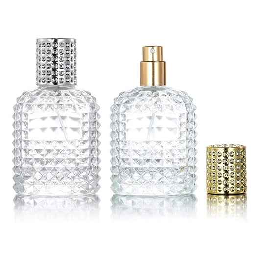 2 Pack 50ml Thick Clear Glass Fine Mist Spray Scent Aftershave Luxury Perfume Bottles Empty Atomizer Spray Bottle with 4 kinds of perfume dispenser (Silver cap and Gold cap)