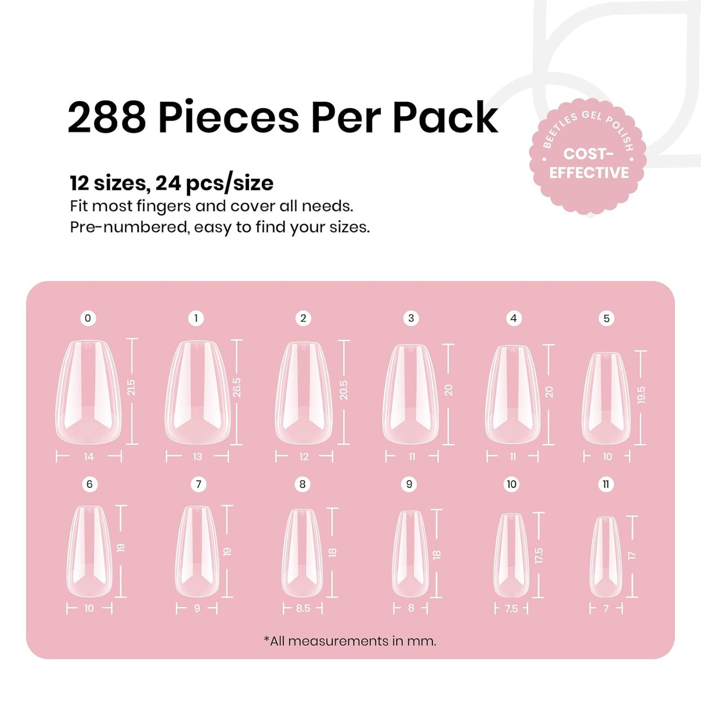 Beetles Gel Nail Tips Short Coffin Pre-Etched Nail Tips, 12 Sizes 288 Pcs Full Cover Soft Tips Half Matte False Nails Clear Acrylic Glue on Nails Extension DIY Manicure Gifts for Women