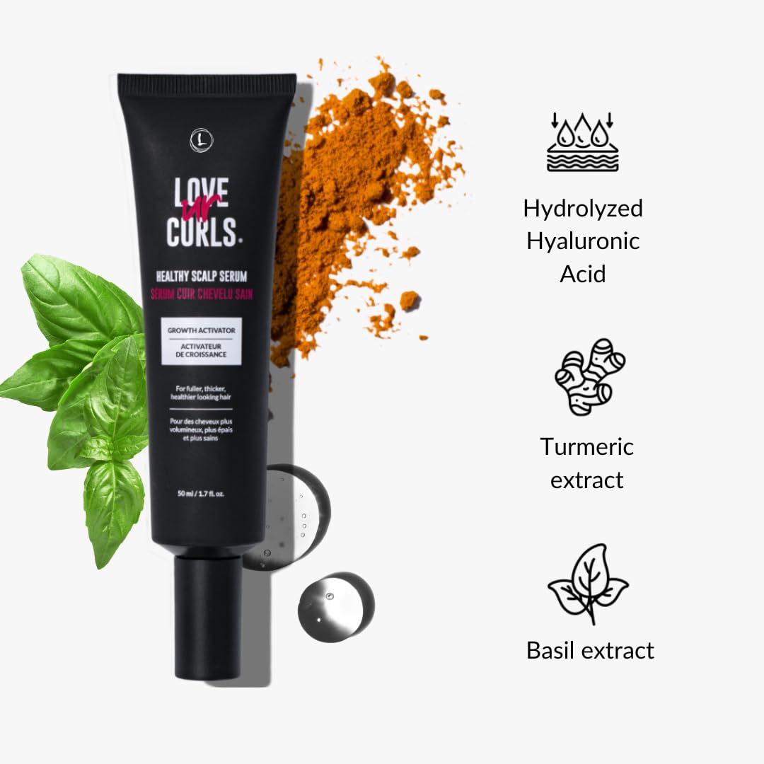 Love Ur Curls - Healthy Scalp Serum Growth Hair Activator, Turmeric & Basil Extracts for Deep Moisturizing and Thicker Full Hair, Vegan, 50mL